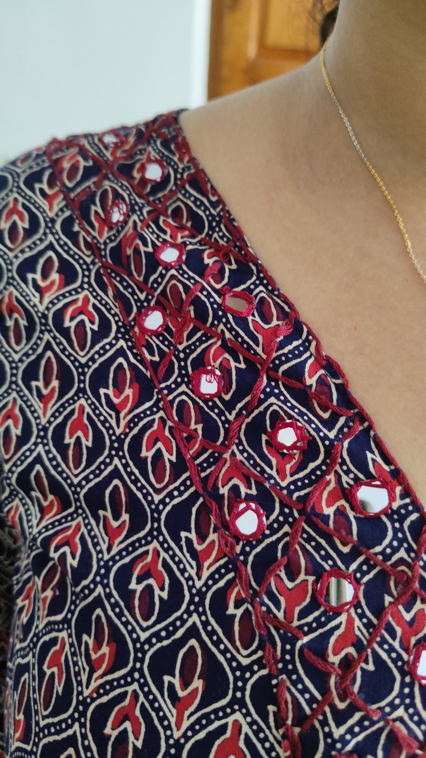 Budget-Friendly Ajrakh Printed Cotton Kurtis with Embroidered Mirror Work (Without Lining) - Image 3