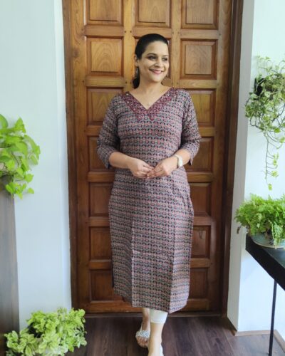 Budget-Friendly Ajrakh Printed Cotton Kurtis with Embroidered Mirror Work (Without Lining)