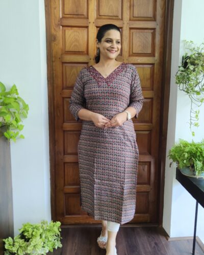 Budget-Friendly Ajrakh Printed Cotton Kurtis with Embroidered Mirror Work (Without Lining)