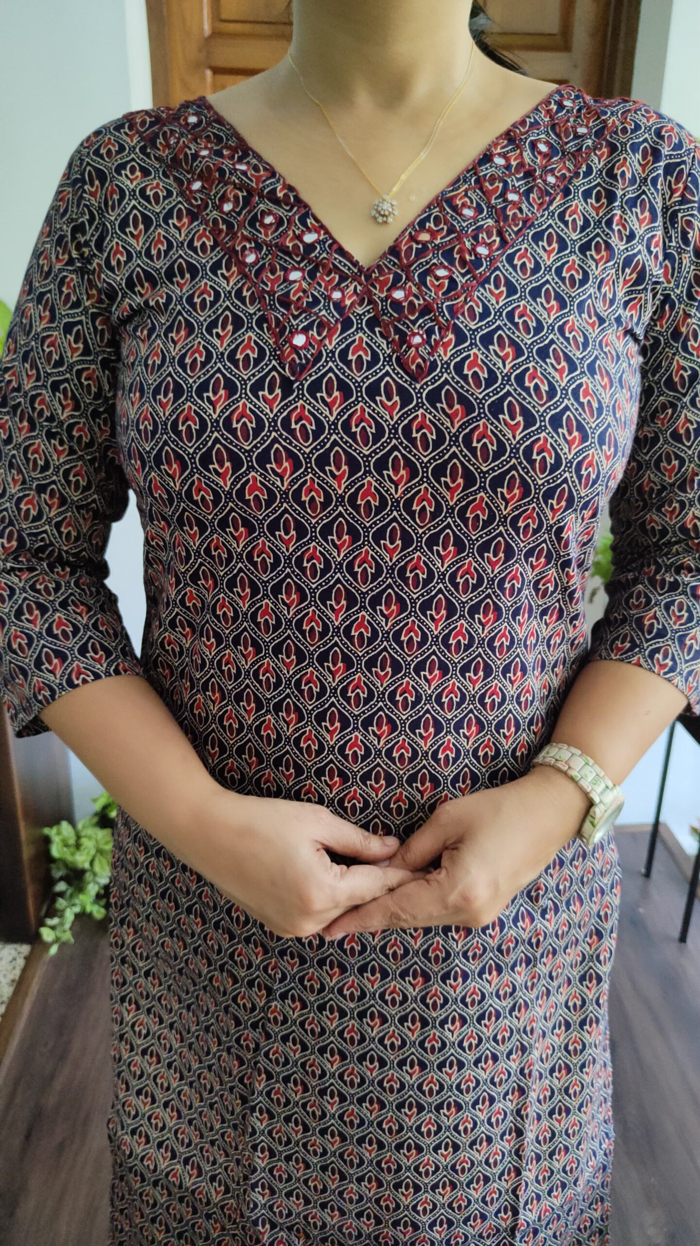 Budget-Friendly Ajrakh Printed Cotton Kurtis with Embroidered Mirror Work (Without Lining) - Image 4