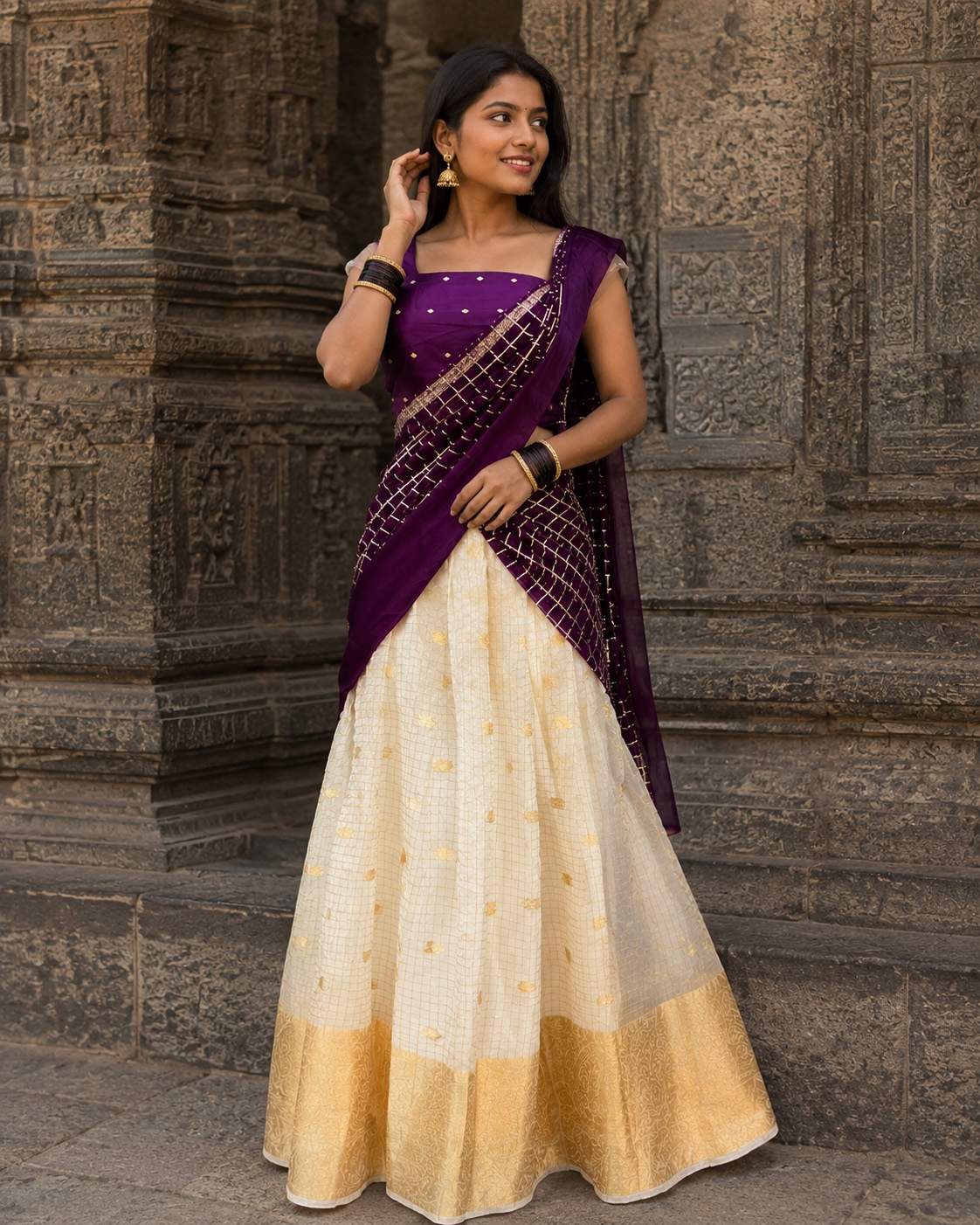 Premium Checked Organza Dhavani Set with Stitched Lined Skirt