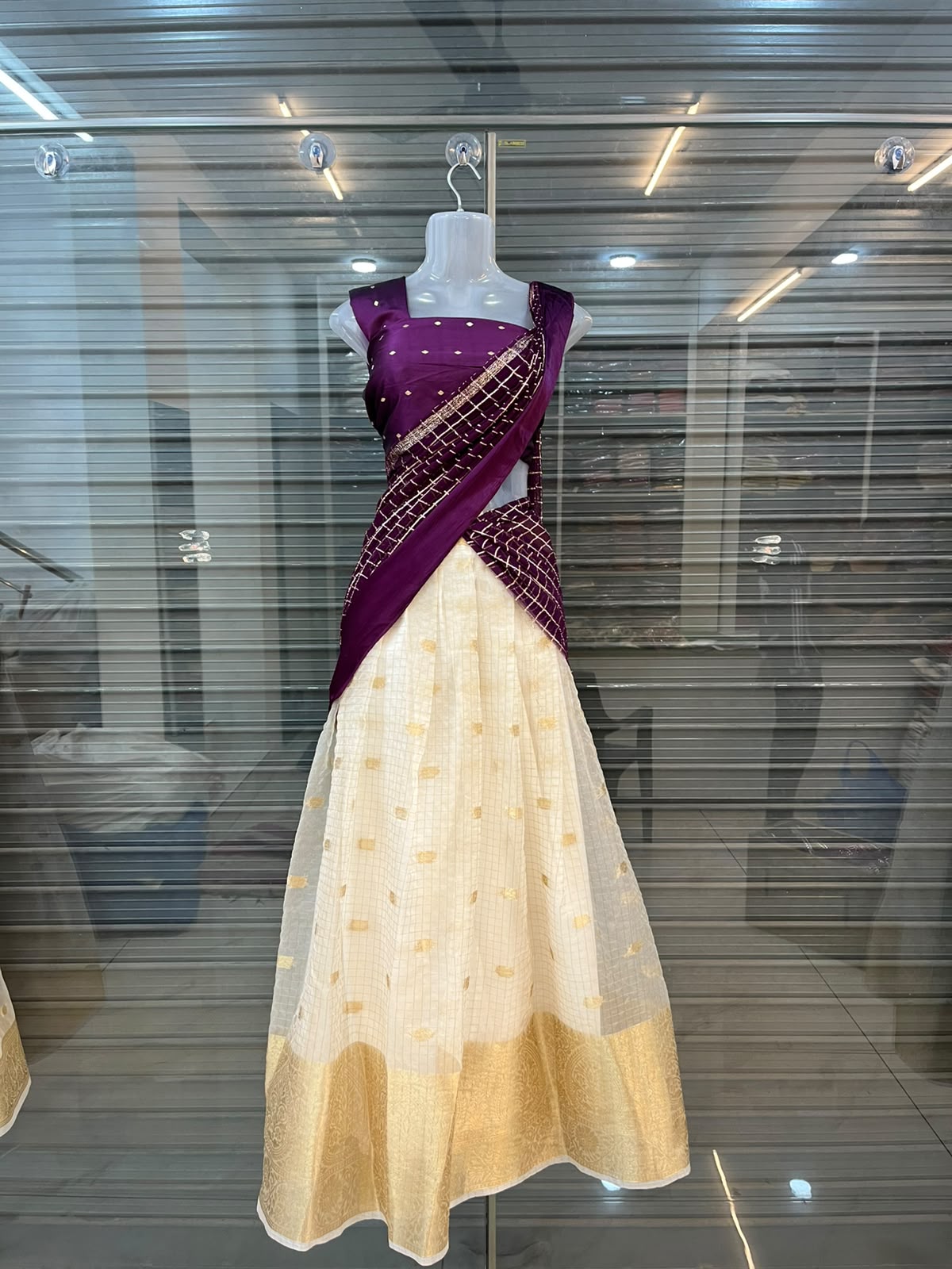 Premium Checked Organza Dhavani Set with Stitched Lined Skirt - Image 7