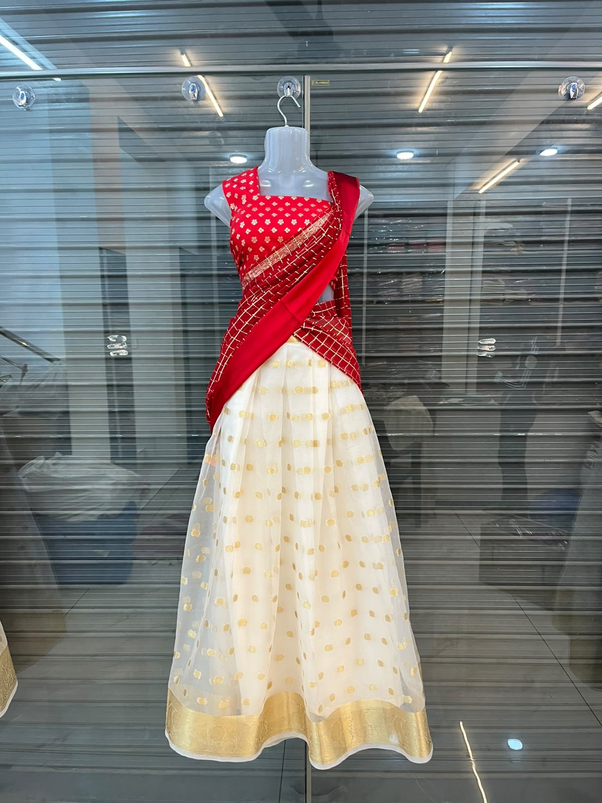 Premium Checked Organza Dhavani Set with Stitched Lined Skirt - Image 4