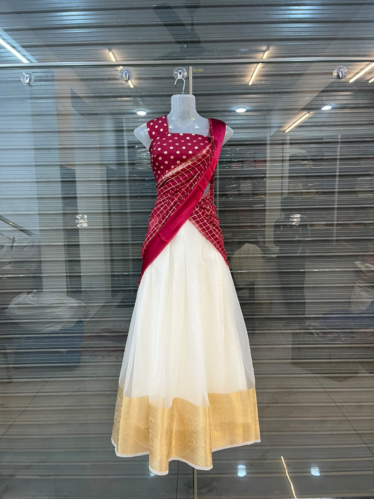 Premium Checked Organza Dhavani Set with Stitched Lined Skirt - Image 3
