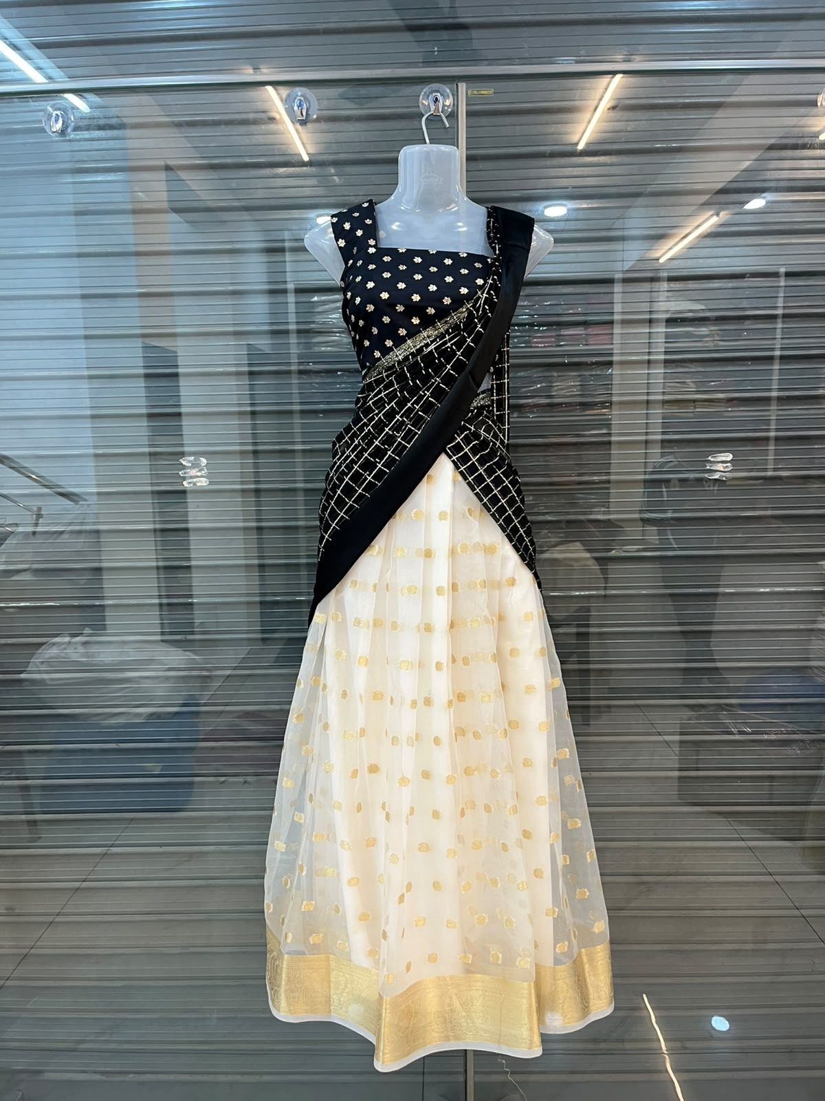 Premium Checked Organza Dhavani Set with Stitched Lined Skirt - Image 5