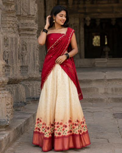 Premium Floral Printed Dhavani Set with Stitched Lined Skirt