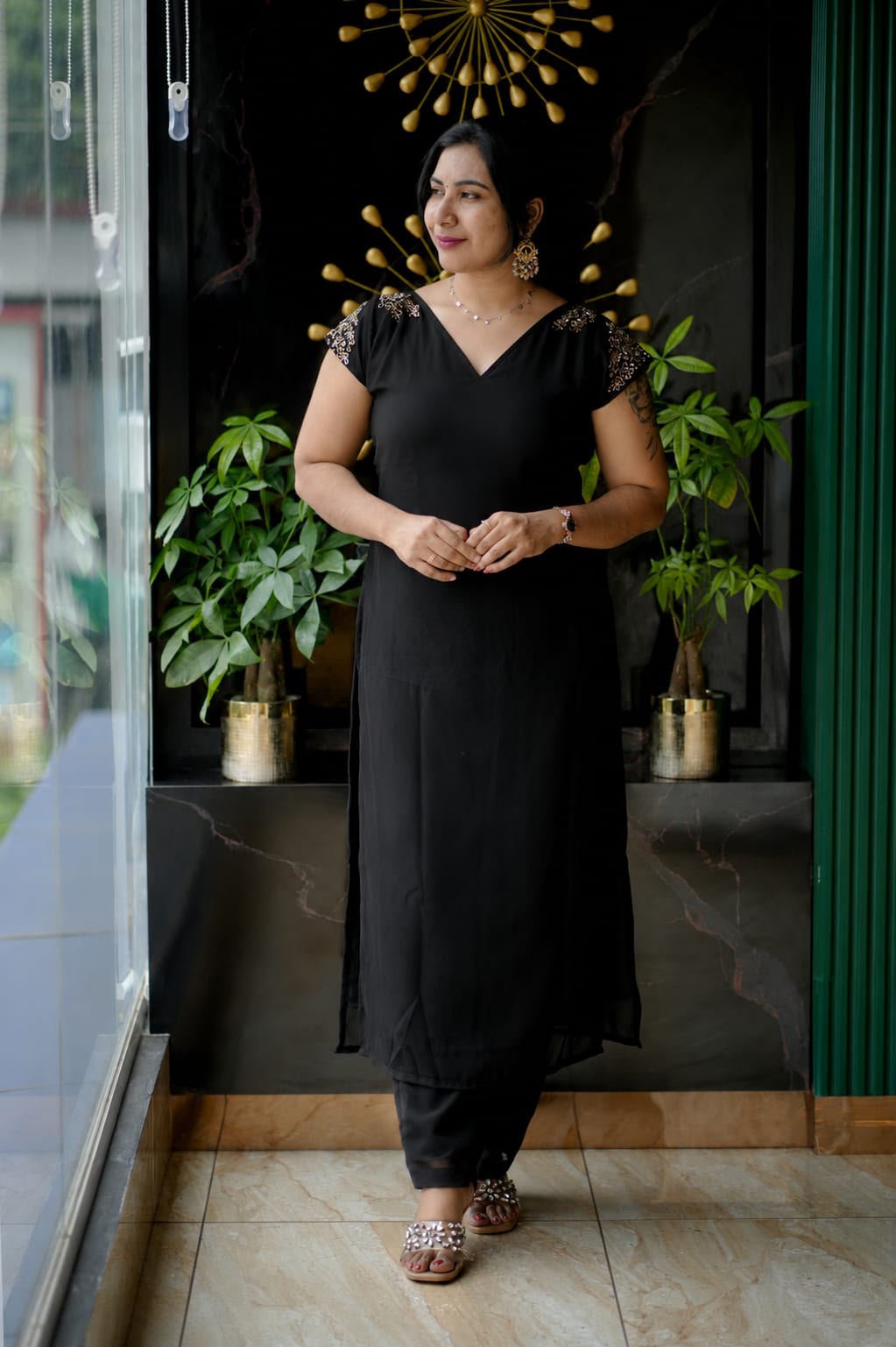 Premium Georgette Designer Party Wear Cord Set with Handworked Shoulder & Sleeves - Image 3