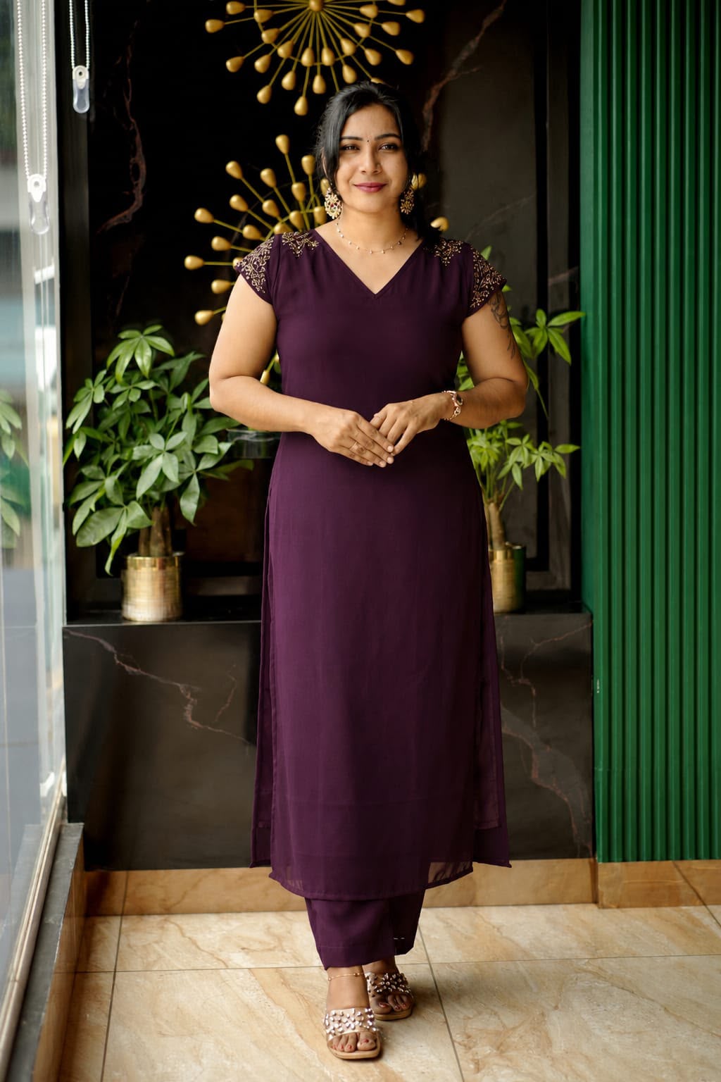 Premium Georgette Designer Party Wear Cord Set with Handworked Shoulder & Sleeves - Image 4
