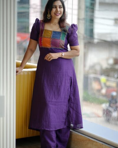 Premium Semi Rose Silk Onam Kurti with Handworked Madras Khattam Patch